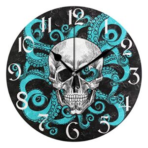 skull octopus wall clock non ticking silent desk round clocks battery operated dual-use art 10 inch quartz analog quiet clock for home bedroom living room decor