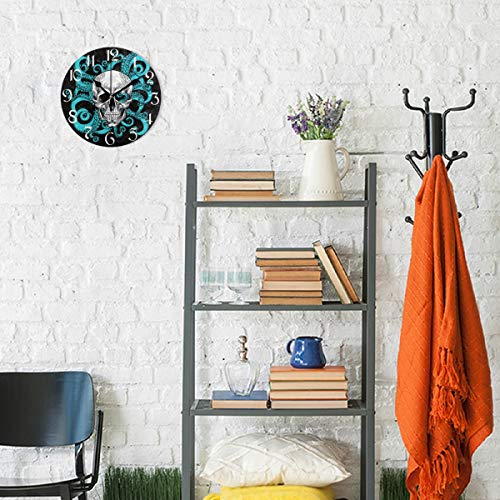 Skull Octopus Wall Clock Non Ticking Silent Desk Round Clocks Battery Operated Dual-use Art 10 Inch Quartz Analog Quiet Clock for Home Bedroom Living Room Decor