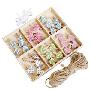 ahn'qiraj mini wooden clothespins heart wooden clothespins with 10m jute twine wall nail 6 kinds colored decorative clothespins photo wall decoration paper pegs pin craft clips (30 pieces in box)
