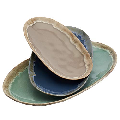 Tabletops Gallery Tuscan Reactive Glaze Stoneware- Platter Serving Bowl Mixing Bowl Mug, Tuscan 3 Piece Oval Serving Platter Set (Blue, Green, and Brown)