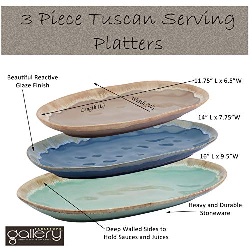 Tabletops Gallery Tuscan Reactive Glaze Stoneware- Platter Serving Bowl Mixing Bowl Mug, Tuscan 3 Piece Oval Serving Platter Set (Blue, Green, and Brown)