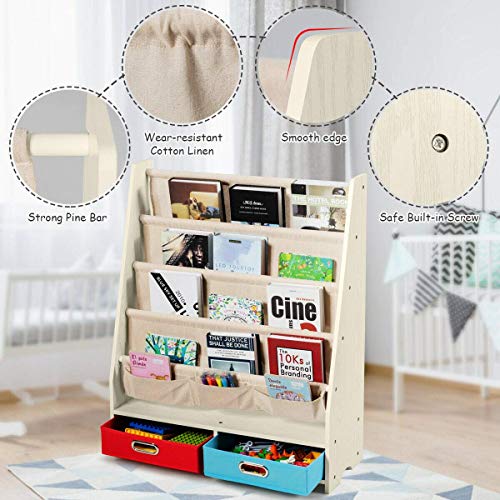 Costzon Kids Bookshelf, Wooden 4 Sling Book Shelves with 2 Pull-Out Toy Storage Boxes, Classroom Display Book Rack Organizer Furniture for Toddlers Kids Room, Nursery, Bedroom (Beige)