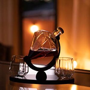 Whiskey Decanter Set with Glasses ARMZAS for Men and Women Diamond Decanter with 2 Drink Glasses and Wooden Stand, Cool Luxury Decanter for Vodka Wine Whisky Liquor Bourbon Christmas Gift Idea