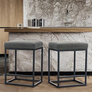 alpha home 24" bar stool counter height bar stools with footrest pu leather backless kitchen dining cafe chair with thick cushion & sturdy chromed metal steel frame base for indoor outdoor,grey,2pc