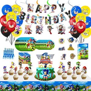 200 pcs hedgehog birthday party supplies for hedgehog party decorations includes stickers, hanging swirl decorations, birthday banner, cupcake decoration, balloons, tablecloth, napkins, plates, gift bags, fork