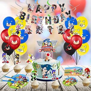 200 PCS Hedgehog Birthday Party Supplies for Hedgehog Party Decorations Includes Stickers, Hanging Swirl Decorations, Birthday Banner, Cupcake Decoration, Balloons, Tablecloth, Napkins, Plates, Gift Bags, Fork