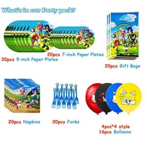200 PCS Hedgehog Birthday Party Supplies for Hedgehog Party Decorations Includes Stickers, Hanging Swirl Decorations, Birthday Banner, Cupcake Decoration, Balloons, Tablecloth, Napkins, Plates, Gift Bags, Fork