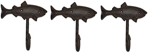 Nautical Decorative Cast Iron Fish Key Towel Coat Hook Hanger Wall Decor Hangers for Aprons, Hats, Towels (Set of 3 Rustic)