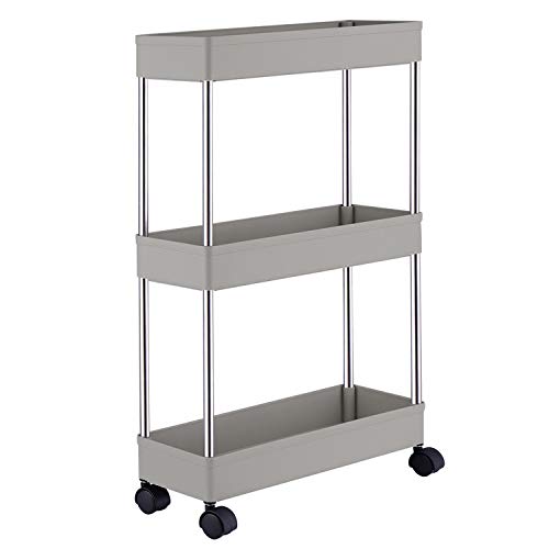 Slim Storage Cart,DLO 3 Tier Mobile Shelving Unit Organizer Slide Out Storage Rolling Utility Cart Tower Rack for Kitchen Bathroom Laundry Narrow Places,Gray