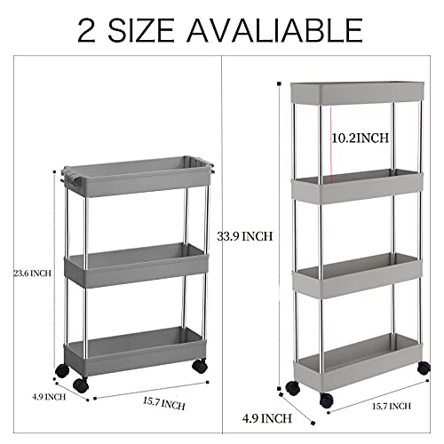 Slim Storage Cart,DLO 3 Tier Mobile Shelving Unit Organizer Slide Out Storage Rolling Utility Cart Tower Rack for Kitchen Bathroom Laundry Narrow Places,Gray