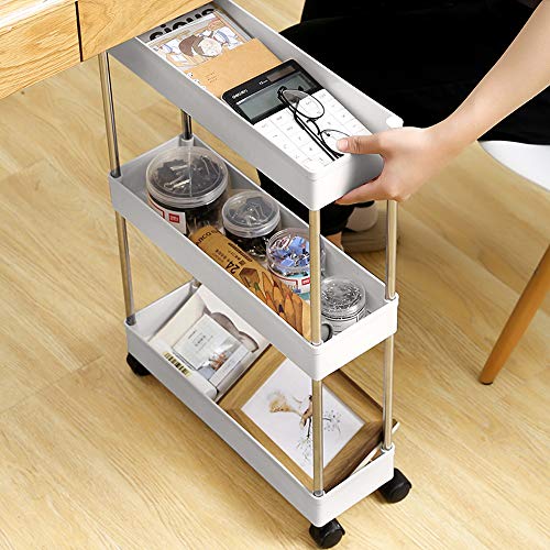 Slim Storage Cart,DLO 3 Tier Mobile Shelving Unit Organizer Slide Out Storage Rolling Utility Cart Tower Rack for Kitchen Bathroom Laundry Narrow Places,Gray