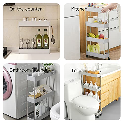 Slim Storage Cart,DLO 3 Tier Mobile Shelving Unit Organizer Slide Out Storage Rolling Utility Cart Tower Rack for Kitchen Bathroom Laundry Narrow Places,Gray