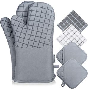 koroda oven mitts and pot holders sets: 550°f high heat resistant oven mitts with kitchen towels thick cotton oven gloves with non-slip silicone for cooking and baking (6pcs, grey)