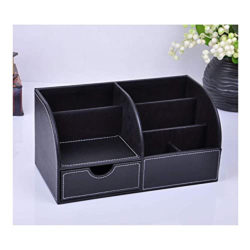 Desk Organizer, Multi-Function PU Leather Office Stationery Organizer Storage Box, Office Accessories Organizer-Business Card, Pen, Pencil, Mobile Phone, Stationery Holder (Black)