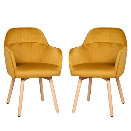 Giantex Modern Velvet Arm Dining Chairs Set of 2, Cute Chairs w/Solid Wood, Non-Slip Foot Pads, Comfortable Accent Leisure Chair for Living Room, Dining Room, Bedroom (2, Yellow)