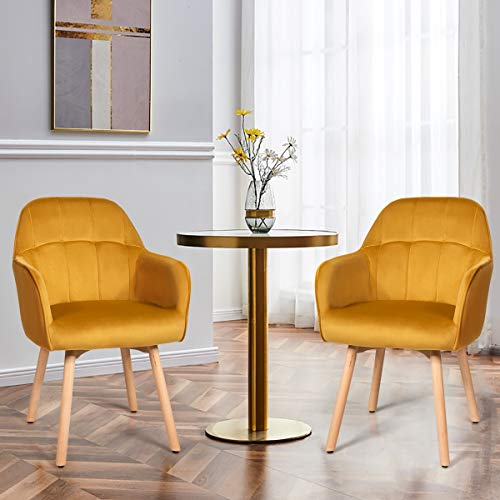 Giantex Modern Velvet Arm Dining Chairs Set of 2, Cute Chairs w/Solid Wood, Non-Slip Foot Pads, Comfortable Accent Leisure Chair for Living Room, Dining Room, Bedroom (2, Yellow)