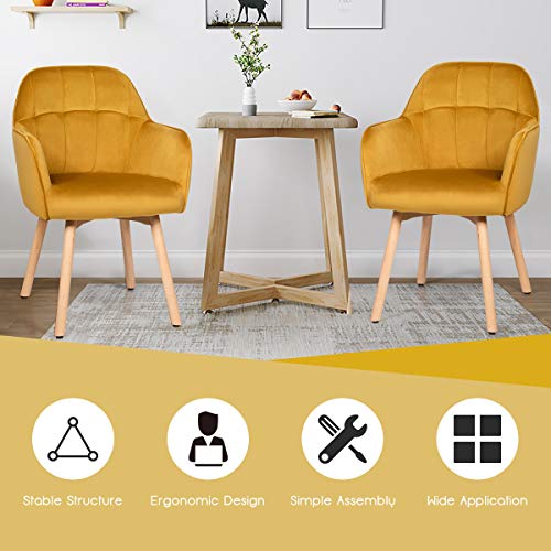 Giantex Modern Velvet Arm Dining Chairs Set of 2, Cute Chairs w/Solid Wood, Non-Slip Foot Pads, Comfortable Accent Leisure Chair for Living Room, Dining Room, Bedroom (2, Yellow)