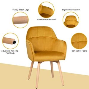 Giantex Modern Velvet Arm Dining Chairs Set of 2, Cute Chairs w/Solid Wood, Non-Slip Foot Pads, Comfortable Accent Leisure Chair for Living Room, Dining Room, Bedroom (2, Yellow)