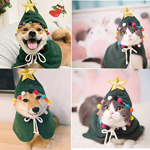 ANIAC Pet Christmas Costume Puppy Xmas Cloak with Star and Pompoms Cat Santa Cape with Santa Hat Party Cosplay Dress for Cats and Small to Medium Sized Dog (Small, Green)