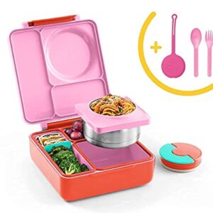 OmieBox Deluxe Bundle Set - Insulated Bento Lunch Box With Thermos PLUS Reusable Fork and Spoon with Case - (Pink)