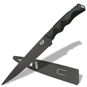 dfackto interceptor 6 inch serrated utility knife for camping and outdoor kitchen, stonewashed high carbon stainless steel black knife, full tang tactical g10 handle, bbq utensil cutlery