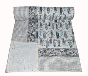 maviss homes indian hand block fish printed kantha quilt | vintage handmade cotton kantha throw blanket bedspread home decore |bedding | super soft cozy vibe blanket; multicolour