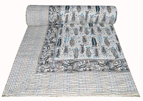 MAVISS HOMES Indian Hand Block Fish Printed Kantha Quilt | Vintage Handmade Cotton Kantha Throw Blanket Bedspread Home Decore |Bedding | Super Soft Cozy Vibe Blanket; Multicolour