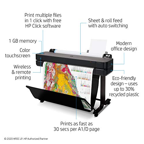 HP DesignJet T630 Large Format Wireless Plotter Printer - 36" (5HB11A), with Multipack and High-Capacity Genuine Ink Cartridges (10 Inks) - Bundle