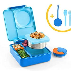 OmieBox Deluxe Bundle Set - Insulated Bento Lunch Box With Thermos PLUS Reusable Fork and Spoon with Case - (Blue)