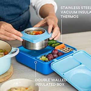 OmieBox Deluxe Bundle Set - Insulated Bento Lunch Box With Thermos PLUS Reusable Fork and Spoon with Case - (Blue)