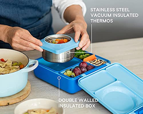 OmieBox Deluxe Bundle Set - Insulated Bento Lunch Box With Thermos PLUS Reusable Fork and Spoon with Case - (Blue)