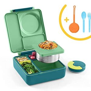 OmieBox Bento Box for Kids Insulated Bento Lunch Box with Leak Proof Thermos Food Jar, 3 Compartments + Sunrise Utensil Set with Case