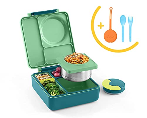 OmieBox Bento Box for Kids Insulated Bento Lunch Box with Leak Proof Thermos Food Jar, 3 Compartments + Sunrise Utensil Set with Case