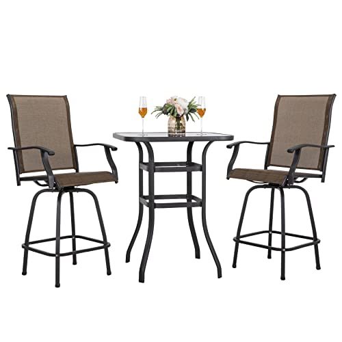 Nuu Garden 3 Piece Swivel Outdoor Bar Set, Bar Height Iron Outdoor Furniture Set with Silk Screen Glass Table, All-Weather Textilene Patio Chairs for Lawn, Backyard, Balcony, Black and Brown