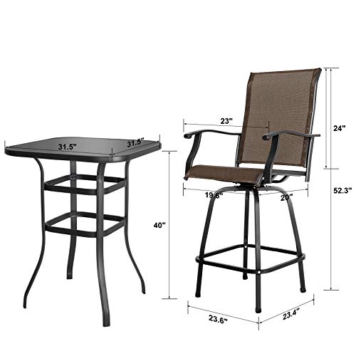 Nuu Garden 3 Piece Swivel Outdoor Bar Set, Bar Height Iron Outdoor Furniture Set with Silk Screen Glass Table, All-Weather Textilene Patio Chairs for Lawn, Backyard, Balcony, Black and Brown