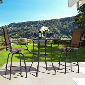 Nuu Garden 3 Piece Swivel Outdoor Bar Set, Bar Height Iron Outdoor Furniture Set with Silk Screen Glass Table, All-Weather Textilene Patio Chairs for Lawn, Backyard, Balcony, Black and Brown