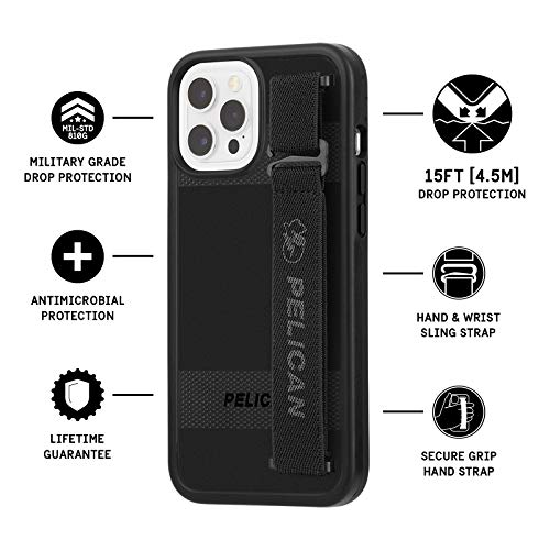 Pelican Protector Sling Series - iPhone 12 / iPhone 12 Pro Case [15ft MIL-Grade Drop Protection] [Wireless Charging Compatible] Heavy Duty Case Cover For iPhone 12 Pro / 12 With HAnd Strap - Black