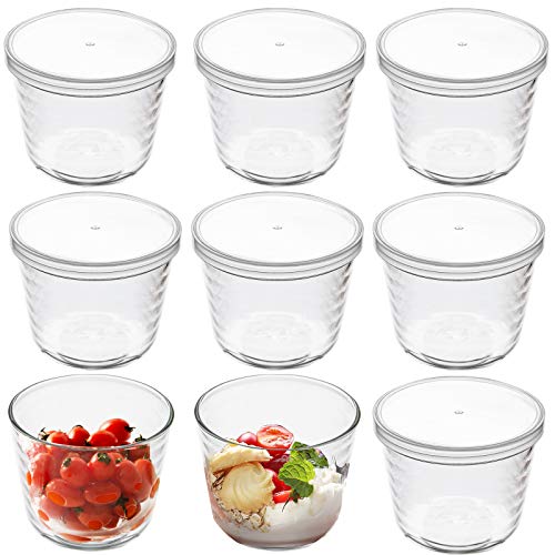 yarlung 9 Pack Small Glass Bowls with Plastic Lids, 6.8 Oz Clear Pudding Cups Fruits Dish Glass Containers for Salad, Sauces, Cereal, Dessert, Snacks, Refrigerator, Freezer Food Storage