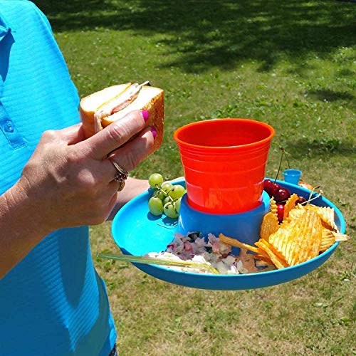 Great Plate Reusable Plastic Plates for Parties with Built-in Cup Holder, Chip and Dip, Set of 6 Party Plates and Cups for Kids or Adults, Food Serving Tray with Drink Holder for BBQ Camping Picnics