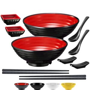 Unbreakable Ramen Bowl Set with Chopsticks and Spoon: 2 large Japanese Style Melamine Ramen Bowls, Dipping Bowls and Chopstick Stands for Asian Pho Soup Thai Miso Udon Wonton (2 Bowl Set, Red-Black)