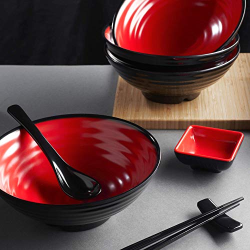 Unbreakable Ramen Bowl Set with Chopsticks and Spoon: 2 large Japanese Style Melamine Ramen Bowls, Dipping Bowls and Chopstick Stands for Asian Pho Soup Thai Miso Udon Wonton (2 Bowl Set, Red-Black)