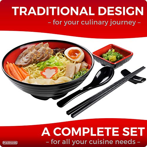 Unbreakable Ramen Bowl Set with Chopsticks and Spoon: 2 large Japanese Style Melamine Ramen Bowls, Dipping Bowls and Chopstick Stands for Asian Pho Soup Thai Miso Udon Wonton (2 Bowl Set, Red-Black)