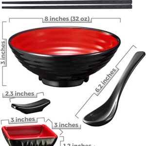 Unbreakable Ramen Bowl Set with Chopsticks and Spoon: 2 large Japanese Style Melamine Ramen Bowls, Dipping Bowls and Chopstick Stands for Asian Pho Soup Thai Miso Udon Wonton (2 Bowl Set, Red-Black)