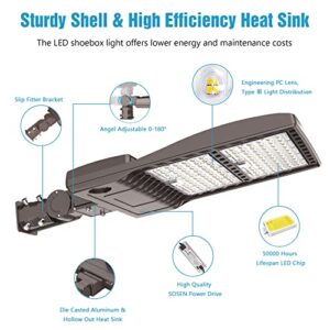 BBESTLED 320W LED Parking Lot Light Commercial Slip Fitter Mount,LED Sport Court Lights Outdoor, UL DLC Listed 44800LM IP65 5000K Commercial Area Street Pole Lighting 100-277VAC Input Brown