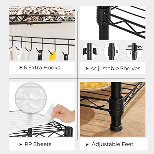 SONGMICS Kitchen Baker’s Rack, Adjustable Microwave Stand, Space-Saving Storage Rack with 4 Shelves 6 Hooks, for Pots, Pans, Spice Bottles, in the Kitchen, Apartment, Studio, Black ULGR040B01