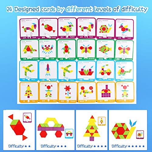 Wooden Pattern Blocks Set for Classroom 155 Pcs Tangram Blocks for Kids Geometric Shape Puzzle Kindergarten Classic Educational Montessori Best STEM Fat Brain Toys Ages 4-8 with 24 Pcs Design Cards