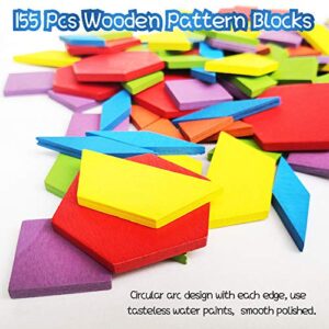 Wooden Pattern Blocks Set for Classroom 155 Pcs Tangram Blocks for Kids Geometric Shape Puzzle Kindergarten Classic Educational Montessori Best STEM Fat Brain Toys Ages 4-8 with 24 Pcs Design Cards