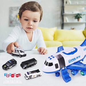 Airplane Toys, Cars Toys Set Fire Truck/Engineering Vehicle/Sanitation Vehicle/Police Car Toys Christmas Birthday Gift for 3 4 5 6 Years Old Boys Toddlers Deformable Aircraft Storage Cars Toy (Blue)