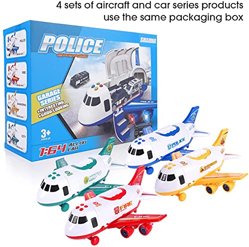 Airplane Toys, Cars Toys Set Fire Truck/Engineering Vehicle/Sanitation Vehicle/Police Car Toys Christmas Birthday Gift for 3 4 5 6 Years Old Boys Toddlers Deformable Aircraft Storage Cars Toy (Blue)