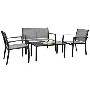 tuoze 4 pieces outdoor patio furniture set conversation set with glass coffee table bistro set with loveseat garden yard lawn and balcony (grey)